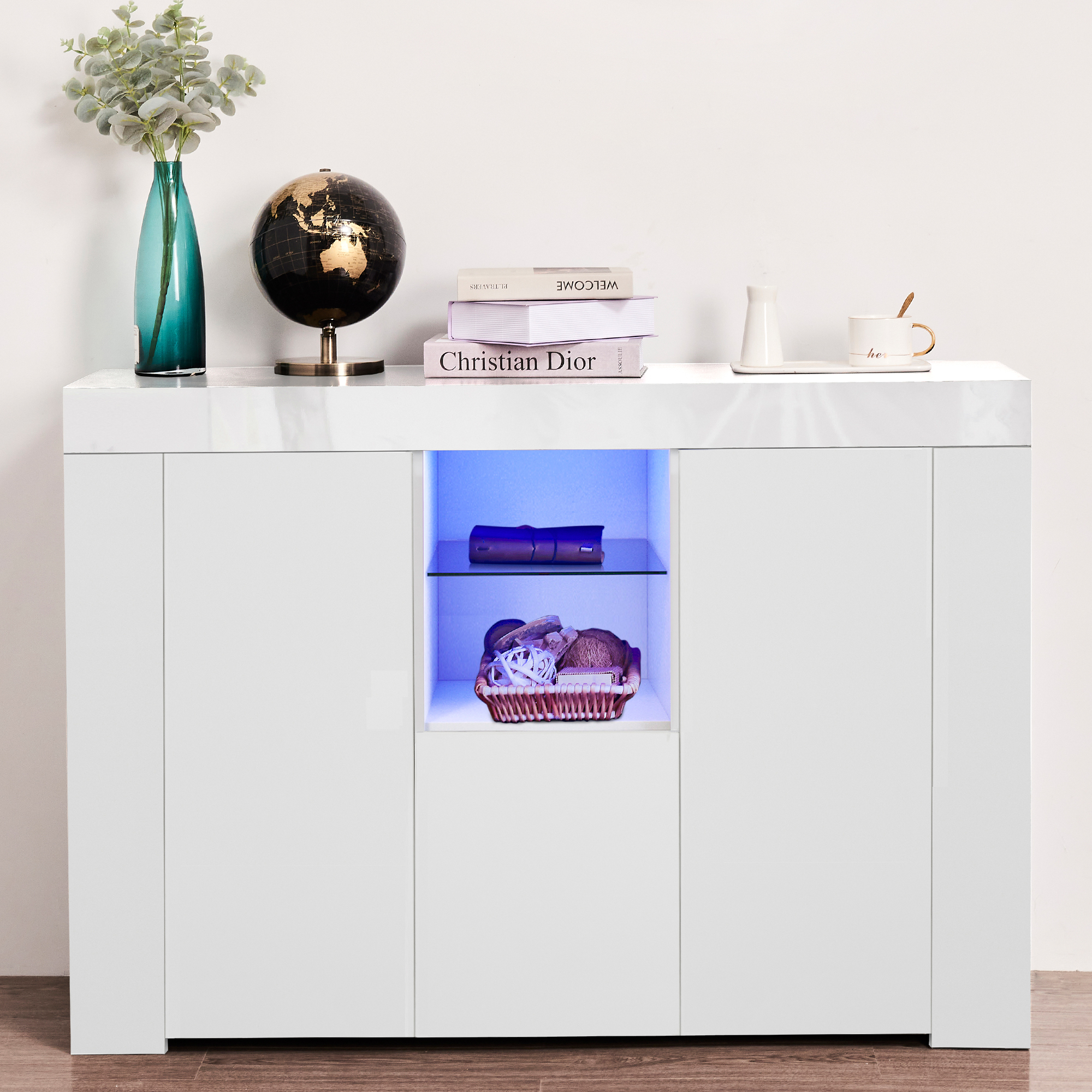 uhomepro High Gloss Sideboard with 16 Colors LED Lights, Kitchen Buffet