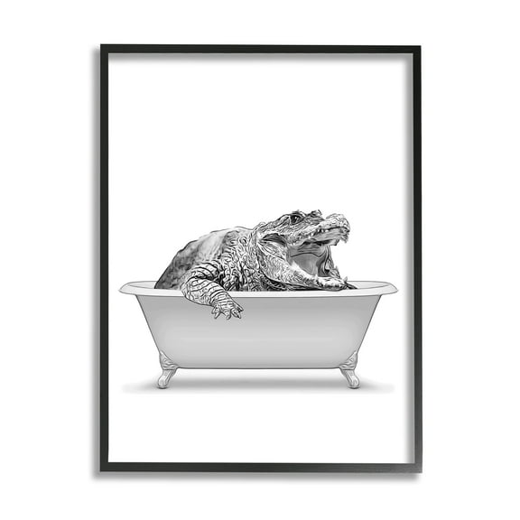 Stupell Industries Crocodile Bathroom Wildlife Tub Animals & Insects Painting Black Framed Art Print Wall Art
