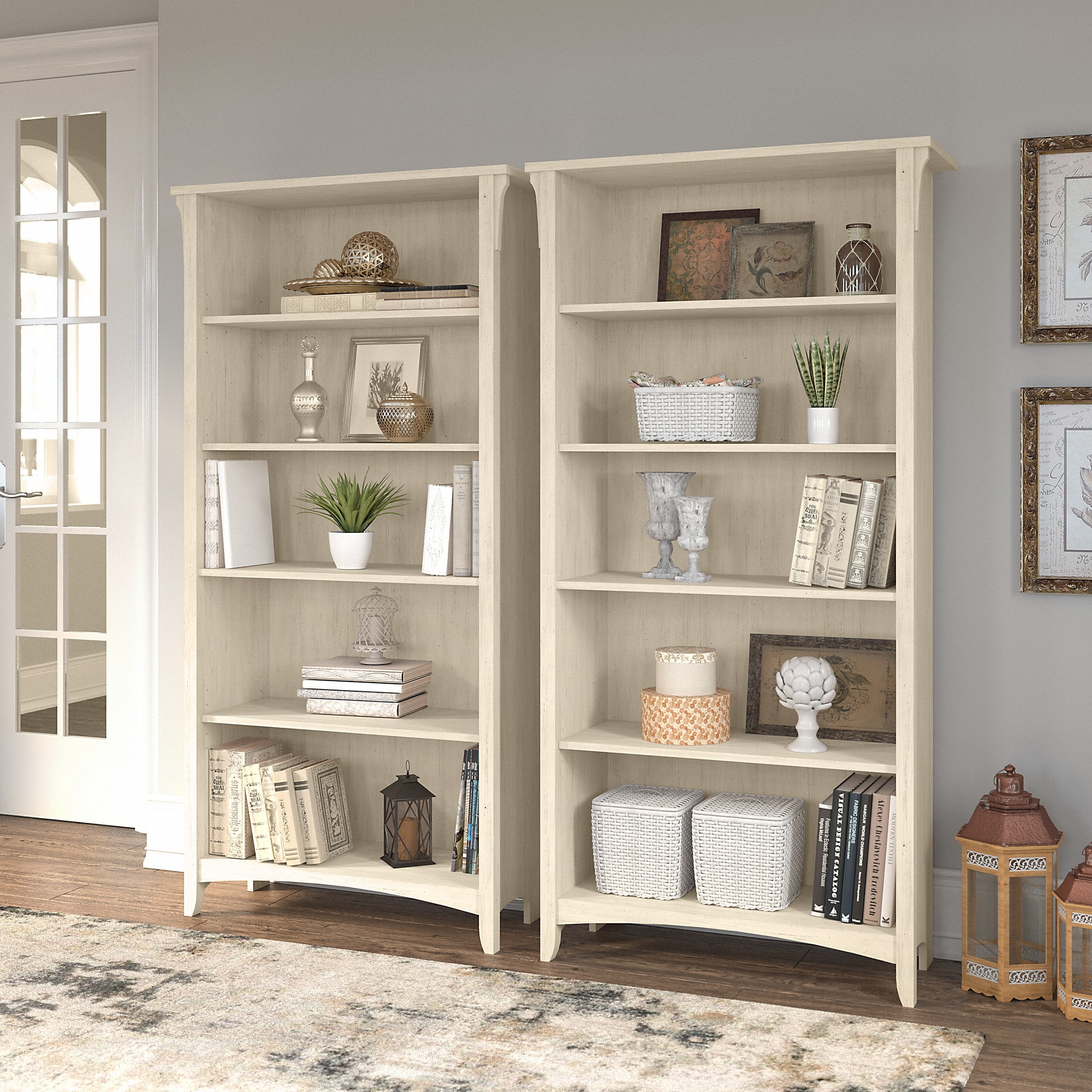 Bush Furniture Salinas Tall 5 Shelf Bookcase, Set of 2, Antique White