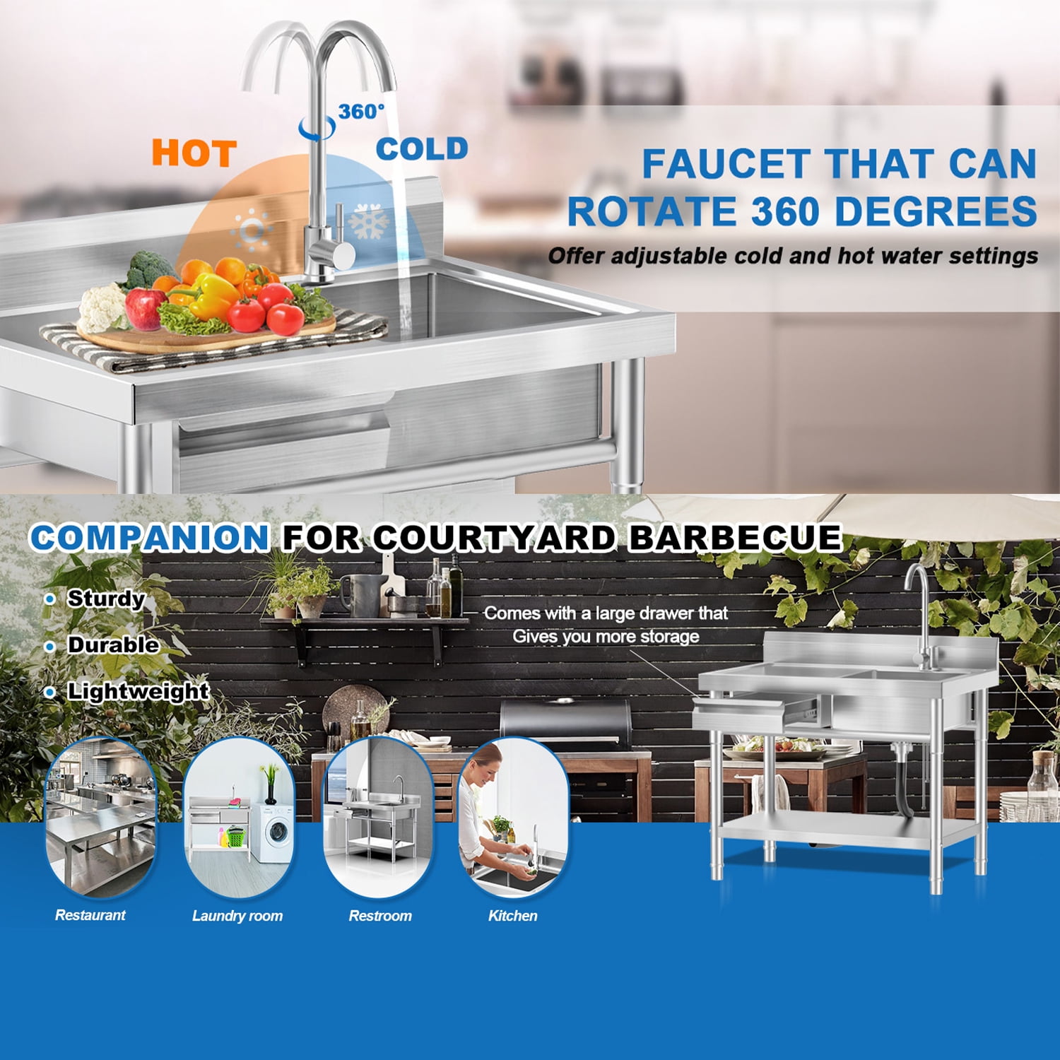 40" Sink with Left Drainboard Weight Stainless steel freestanding sink 50 lbs Kitchen Dishwashing and Vegetable Drainage Basket Bathroom Laundry