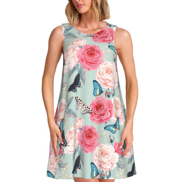 Disketp Roses and Butterflies para Vestido sin Mangas para Mujeres, Vestidos de Verano para Mujeres, Casual y Holgado para la Playa