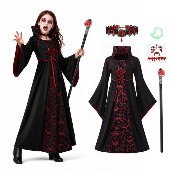 Bulex Vampire Costume for Girls, Gothic Medieval Victorian Vampiress Dress Outfit with Wand, Fangs, Necklace, Stickers for Halloween Cosplay Party Role Play