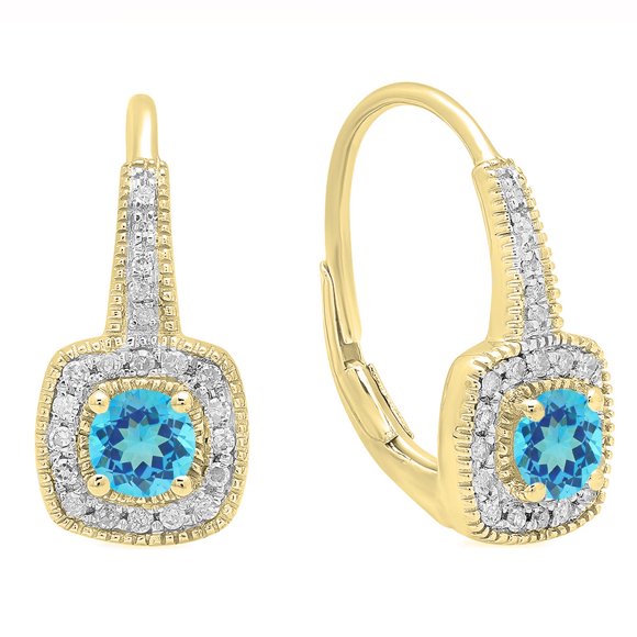 Dazzlingrock Collection Boucles d'Oreilles Pendantes Style Halo pour Femme en Or Jaune 18K avec Topaze Bleue Ronde de 4 mm et Diamants Blancs