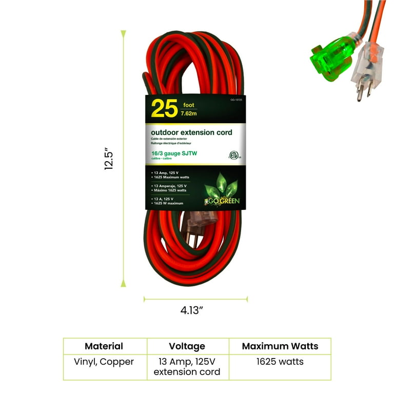 GoGreen Power GG-13725 16/3 25' SJTW Outdoor Extension Cord