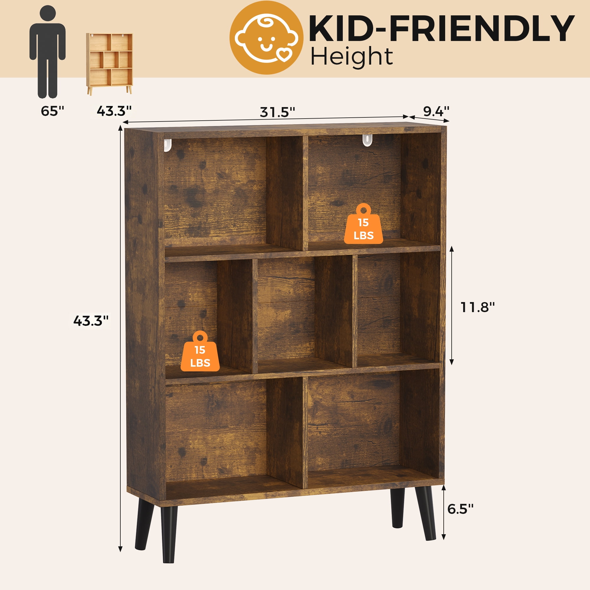 EDX Wooden Cube Bookshelf, Open 3-Tier Bookcase with Legs, Freestanding Bookshelves Storage Organizer Shelf, for Bedroom, Living Room, Office, Rustic Brown