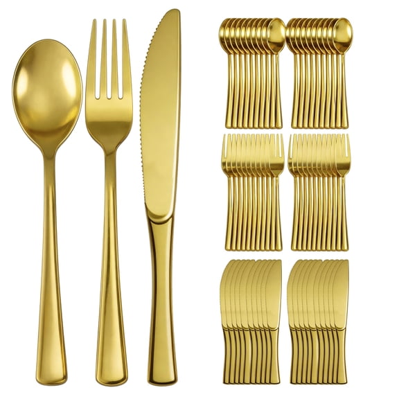 20-Piece Heavy Duty Gold Plastic Cutlery Set, Includes 20 Forks, 20 Spoons, 20 Knives, Disposable Gold Utensils Ideal for Weddings, Parties, Birthdays, Catering & All Occasions