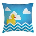 thumbnail image 1 of Rubber Duck Throw Pillow Cushion Cover, Yellow Cute Childrens Toy Figure on Wavy Water Inspired Stripes Clouds, Decorative Square Accent Pillow Case, 18 X 18 Inches, Yellow White Blue, by Ambesonne, 1 of 2