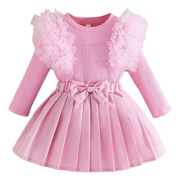 VNKIDY Child Girl Long Sleeve T-Shirts O-Neck Tops Solid Color Bowknot Skirt Two Pieces Outfits Sets Lovely