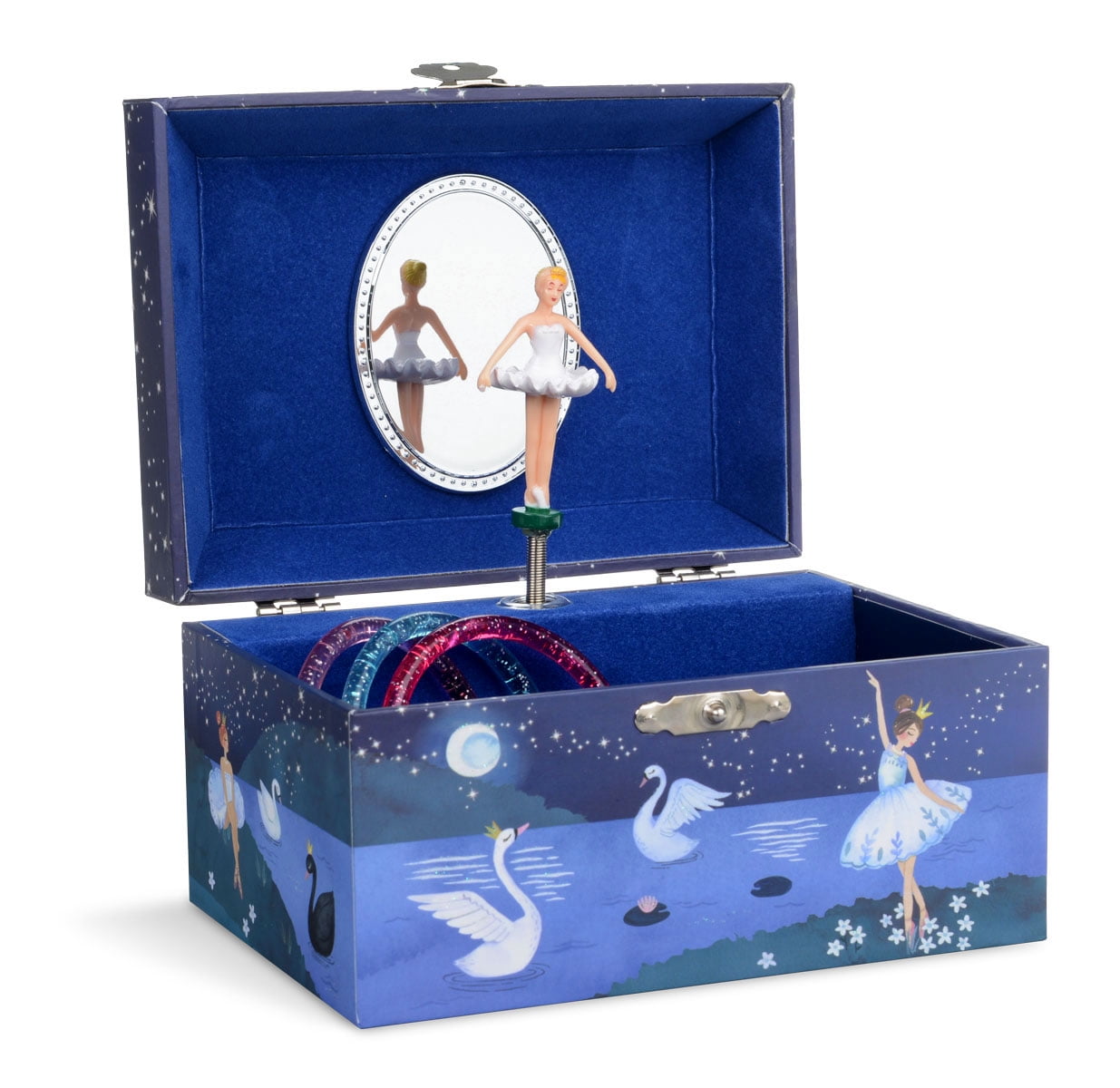 Swan Lake Tune JewelKeeper Girls Musical Jewelry Storage Box with Twirling Fairy Blue and White Star Deisgn