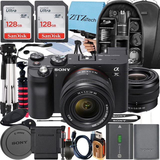 Sony Cámara sin Espejo a7C (Negra) + Sony FE 28-60 Mm + Trípode + Pack de 2 Tarjetas de Memoria de 128 Gb + Mochila + Pack de Accesorios ZeeTech