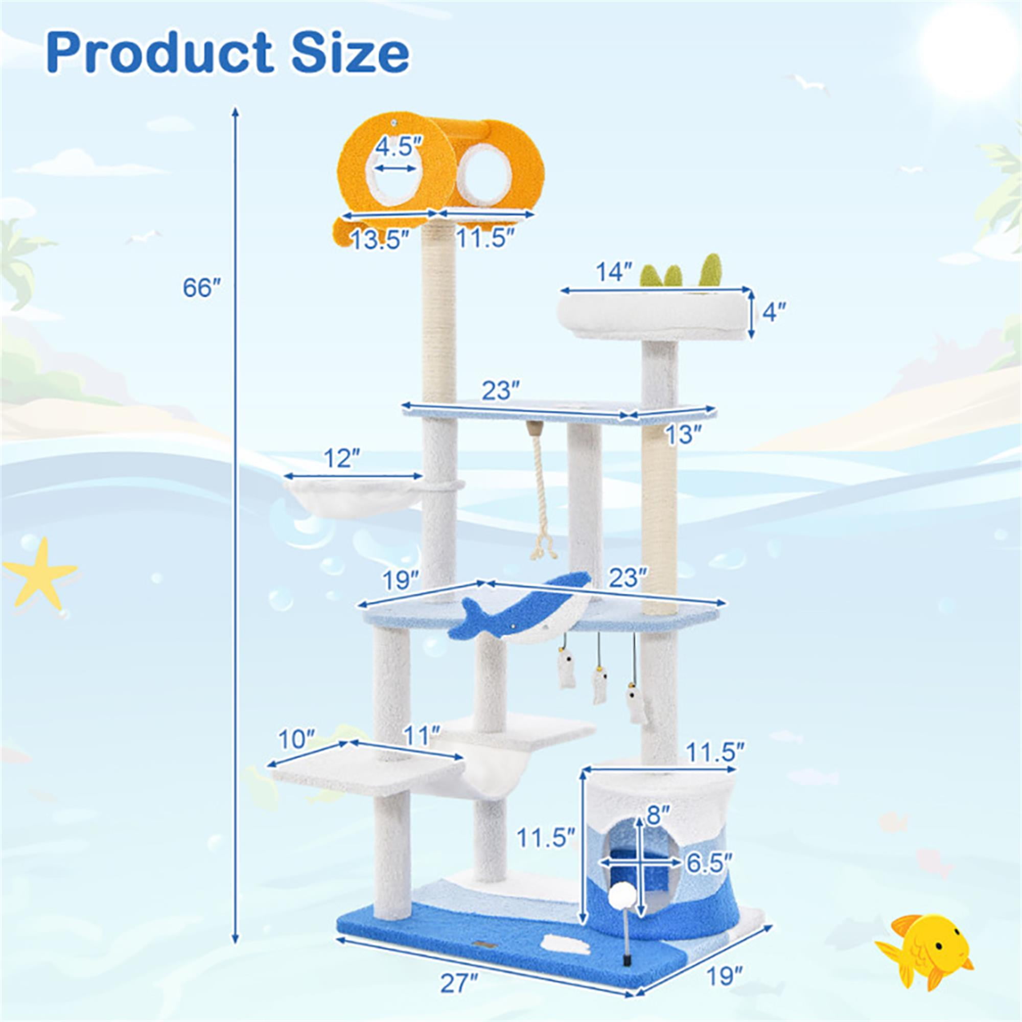 resenkos 66" Cute Cat Tree Tower for Indoor Cats, Ocean World Cat Condo with Sisal Scratching Posts, Plush Perches, Kitten Cat Tree Tower Activity Center, Blue