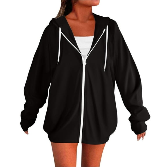 Plus Size Jackets for Women New Zip up Hoodie for Women Casual Basic Lightweight Fall Sweatshirt Fashion Open Front Jacket with Pocket Black M