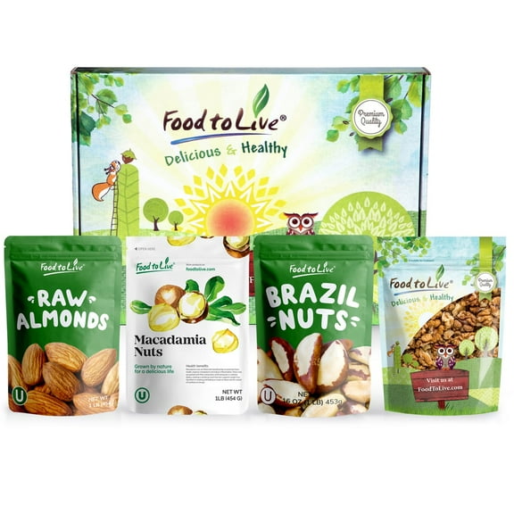 Raw Nuts in a Gift Box - A Variety Pack of Brazil Nuts, Almonds, Macadamia Nuts and Walnuts - by Food to Live