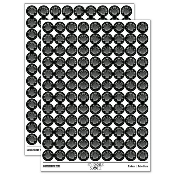 Scallop Seashell Beach Shell 200 Round Stickers - Black - Gloss Finish - 0.50" Size