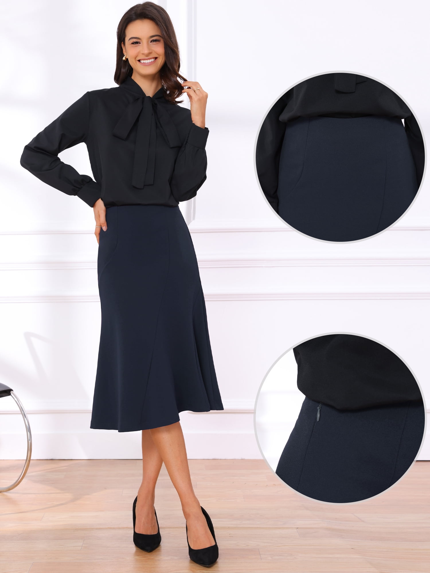 DARING DIVA Women's High Waisted Business Fishtail Midi Skirt Large Navy Blue