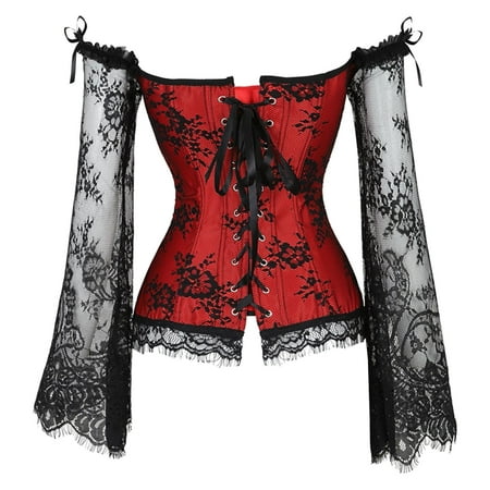 

Jialili Women s Corsets For Women Princess Corset Lace Ruched Sleeves Elegant Overbust Corset Red XXL