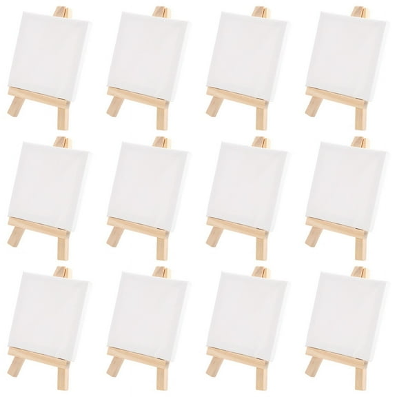 Artists 3"x3" Mini Canvas & 5" Mini Easel Set Painting Craft Drawing - Set Contains: 12 Mini Canvases & 12 Mini Easels