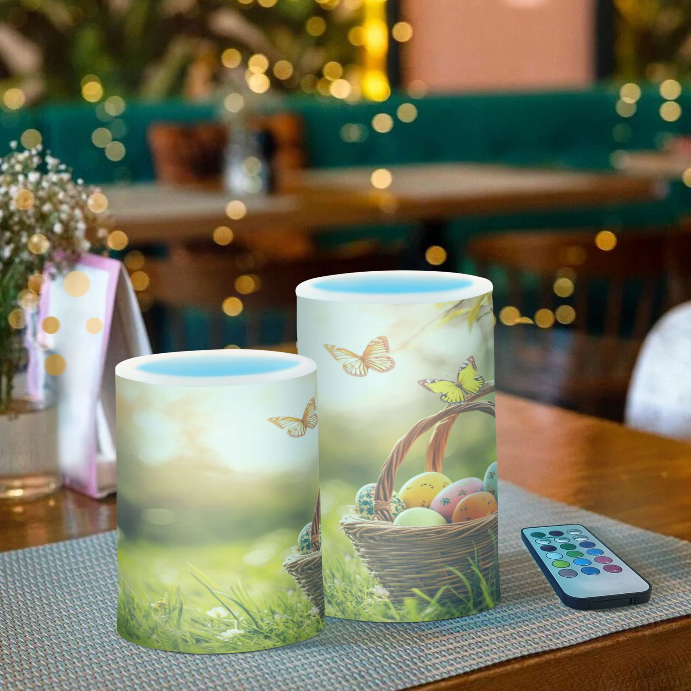 2 PCS Flameless Candles with Remote Timer LED Battery Operated Flickering Candle Light for Wedding Table Home Decoration Gifts Easter Basket with Colorful Eggs