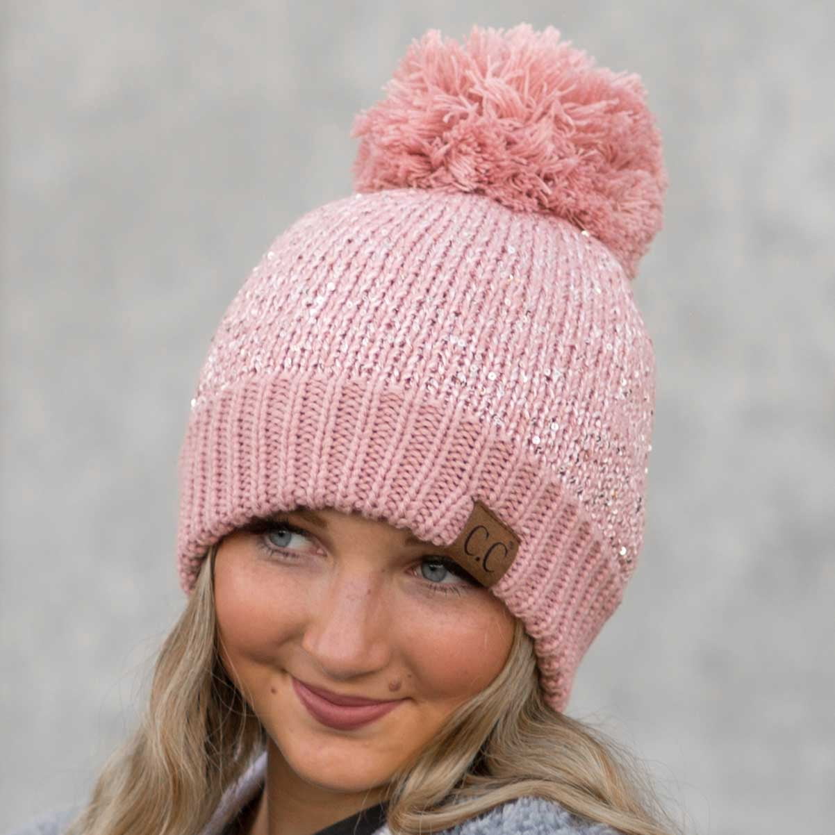 C.C Sequin Pom Winter Beanie Sparkle Cozy Warm Hat Unisex, Black Silver