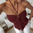 thumbnail image 5 of Domzest Womens Asymmetrical Hem Halter Tank Top Slim Fit Blackless Metal Ring Front Ruched Top Summer Tie Up Cami Tank Wine M, 5 of 7