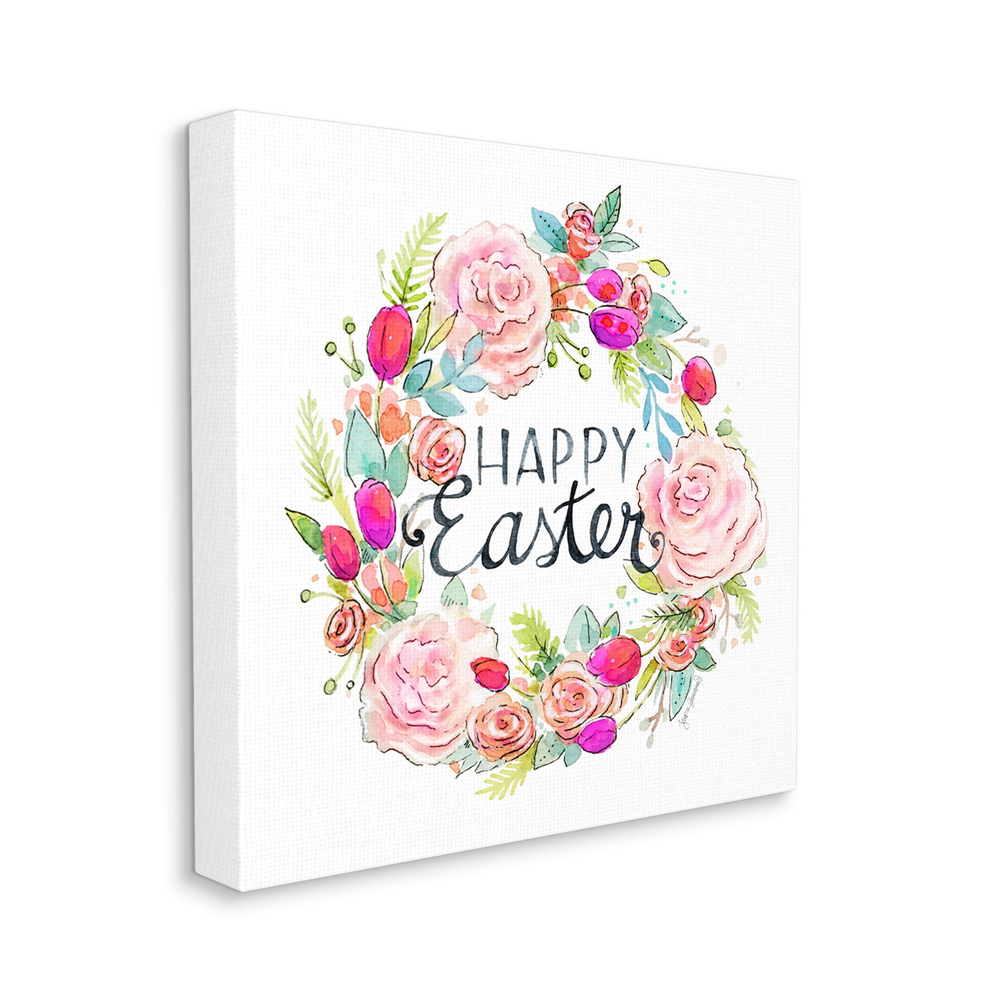 Happy Easter Vivid Pink Floral Blossom Border Botanical & Floral Graphic Art Gallery-Wrapped Canvas Print Wall Art