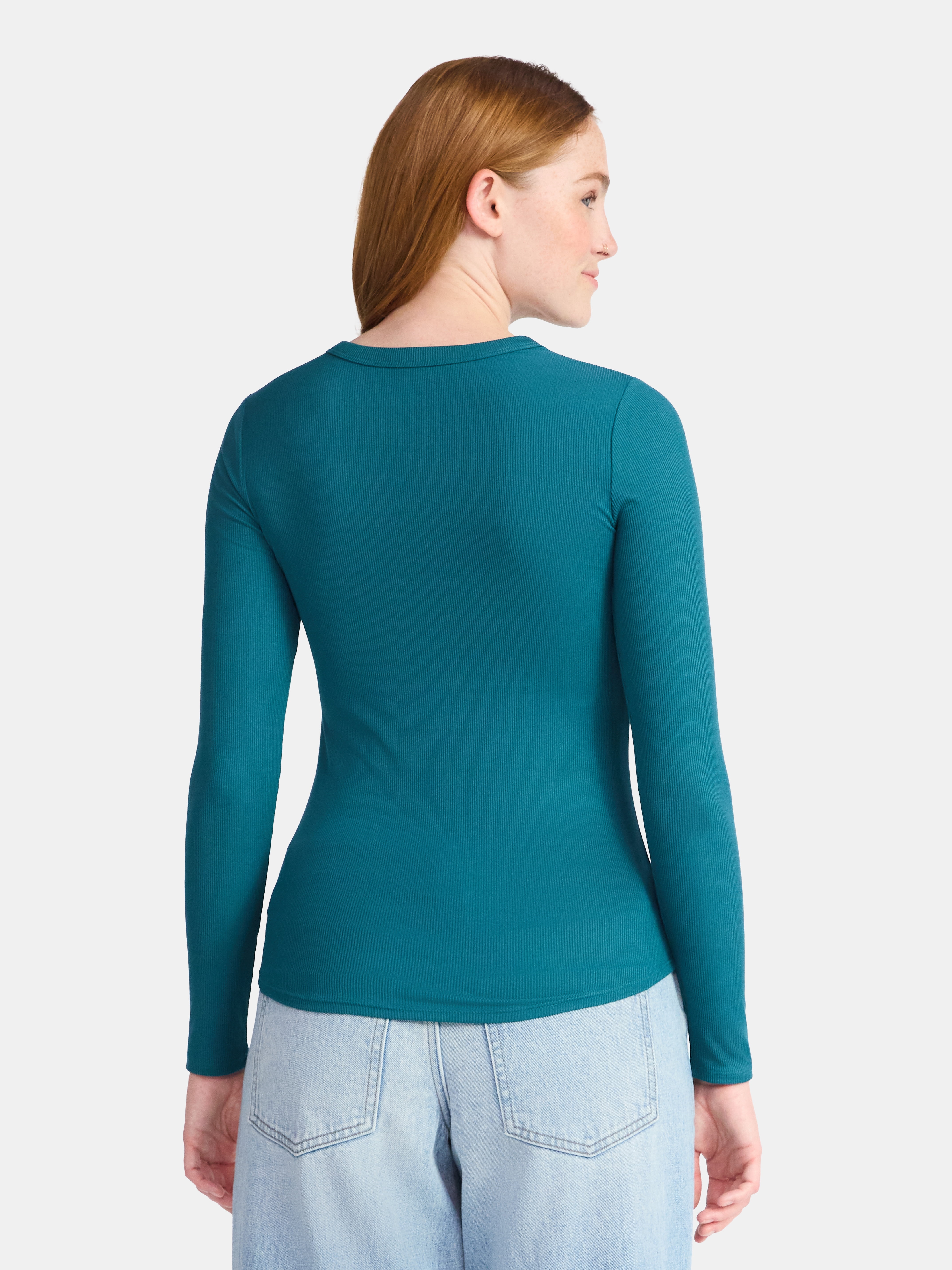 No Boundaries Ribbed Crewneck Tee with Long Sleeves, 1 or 2-Pack, Women's & Women's Plus XXS-XXL