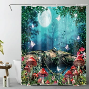 HVEST Nature Forest Plant Shower Curtain, Mushroom Butterfly Bathroom Curtain 60x72 Inch, Washable, 10 Hooks