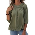 thumbnail image 3 of Haite Casual Loose T-Shirt for Women Summer Basic Solid Color Tops 3/4 Sleeve Crew Neck Pleated Blouse Fashion Elastic Waist Blouse, 3 of 4
