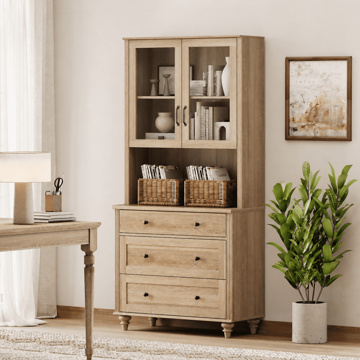 Sideboard Buffet Cabinet with Storage, Morden Bookcase, Bookshelf with 3 Wood Drawers, Farmhouse Library Bookshelves for Living Room, Office, Study Room, Kitchen, Oak, 72" H