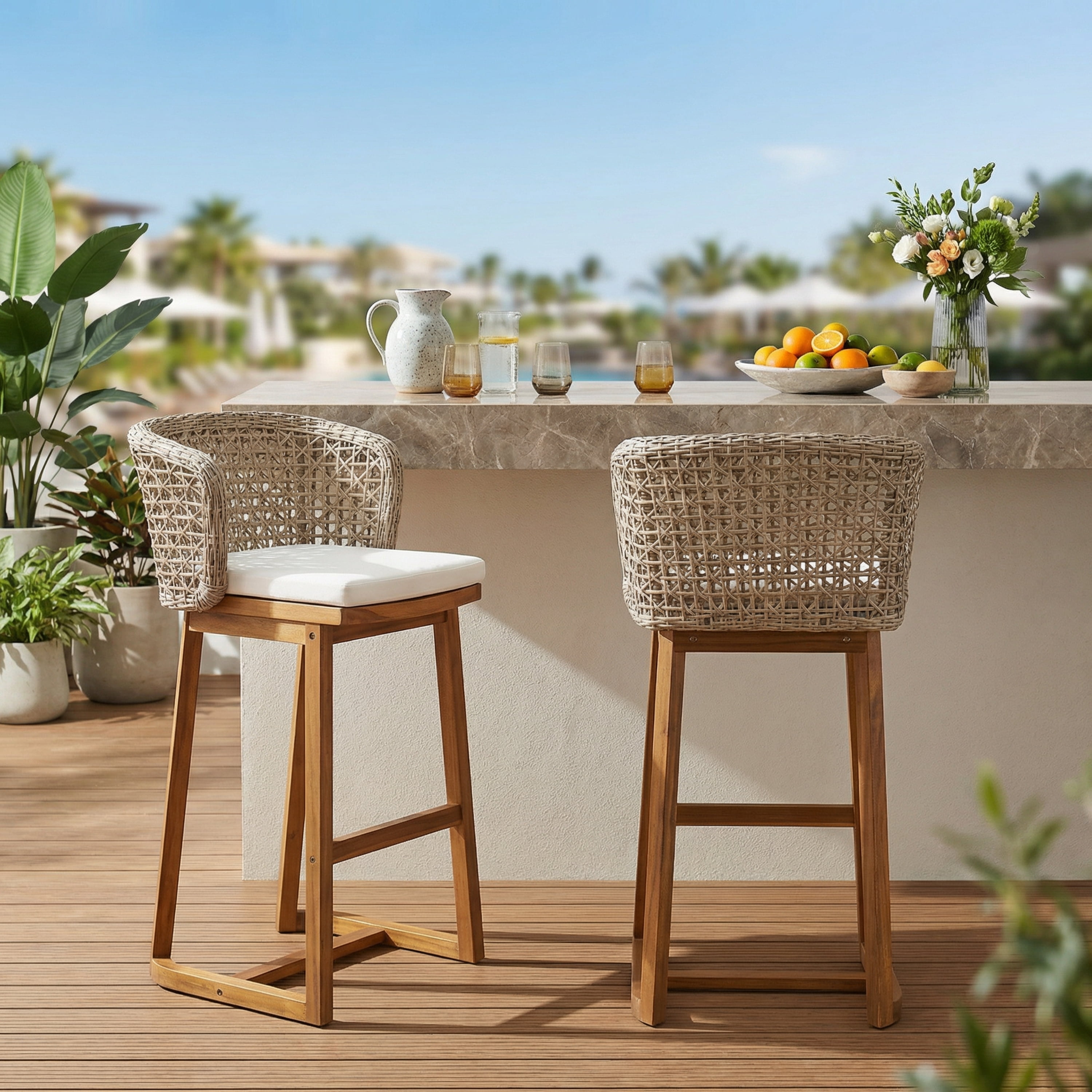 Bar Stools Set of 2, Outdoor Acacia Wood Teak Finish Bar Height Chairs with Beige Cushion, Teak