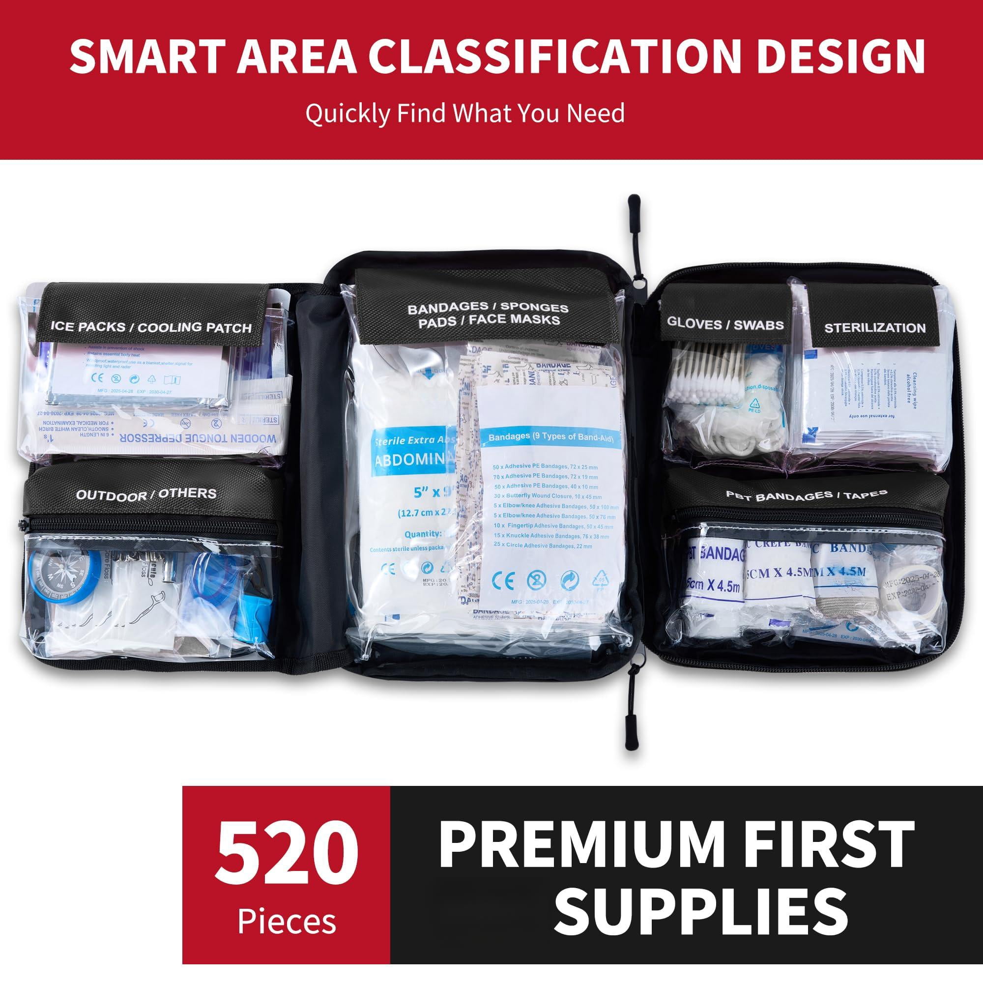 520 Pieces First Aid Kit - Large Emergency For  Car Home Travel Camping Backpack Hiking School (black)
