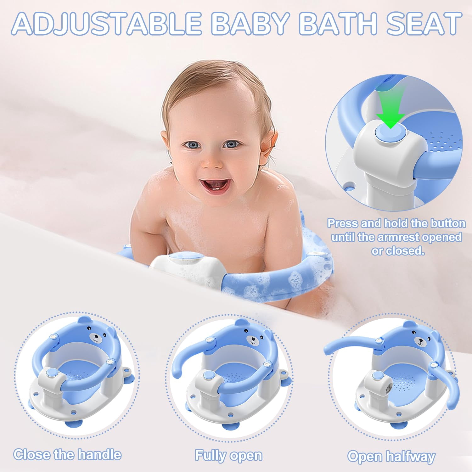 Soluxeo Baby Bath Seat for Babies 6 Months & up, Non-Slip Toddler Bath Seats for Babies Sitting Up with 4 Suction Cups & Soft Cushion for Shower(Blue)
