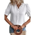 thumbnail image 3 of Nlife Women Lace Crochet V Neck Puff Short Sleeve Textured Top, 3 of 5