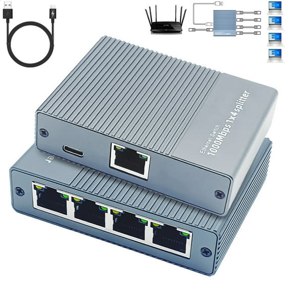 Ethernet Splitter 1 to 4 High Speed 1000Mbps RJ45 Internet LAN Splitter [4 Devices Simultaneous Networking] with USB Power Cable for Cat5/5e/6/7/8 Cable