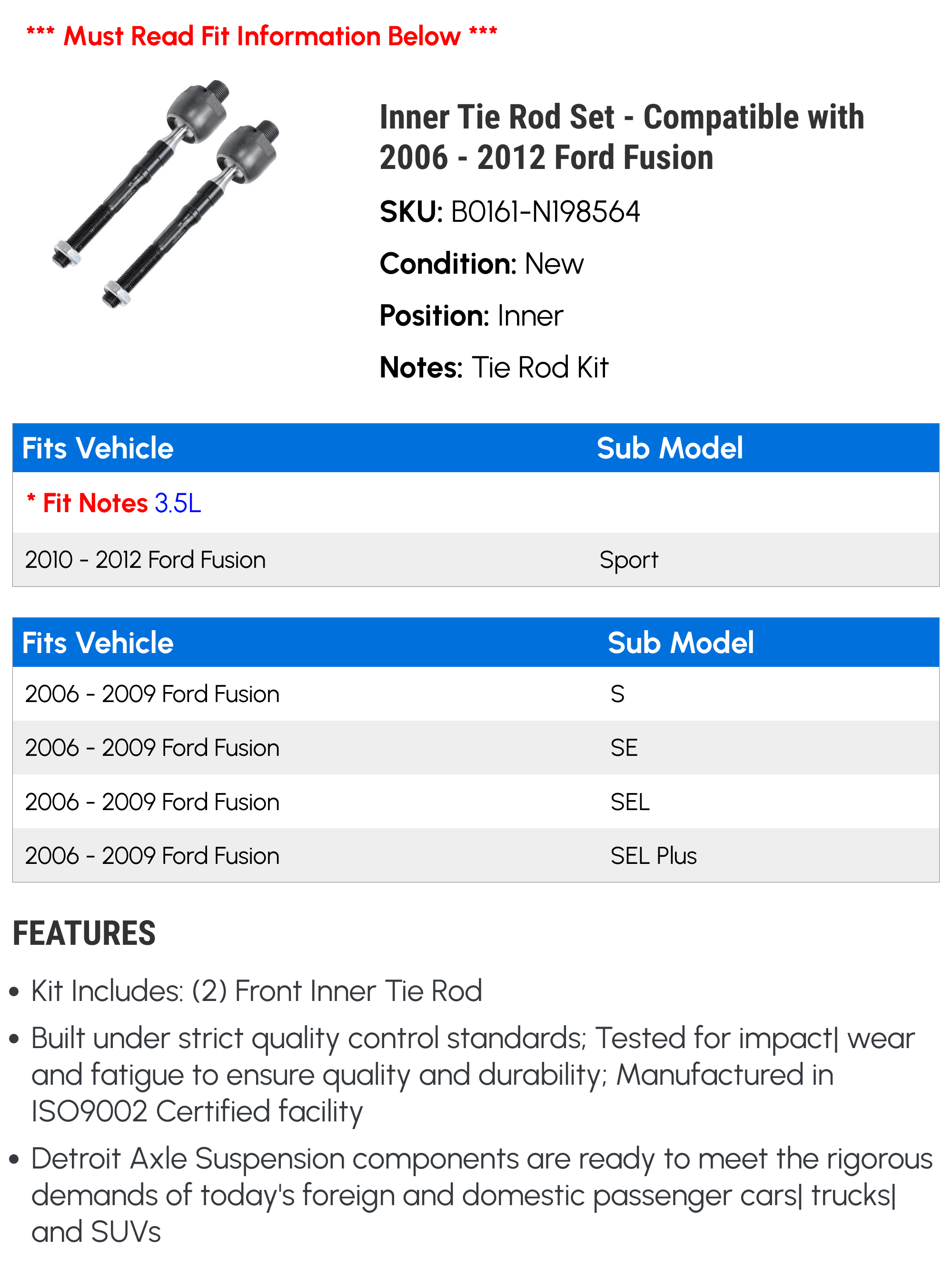 Inner Tie Rod Set - Compatible with 2006 - 2012 Ford Fusion 2007 2008 2009 2010 2011