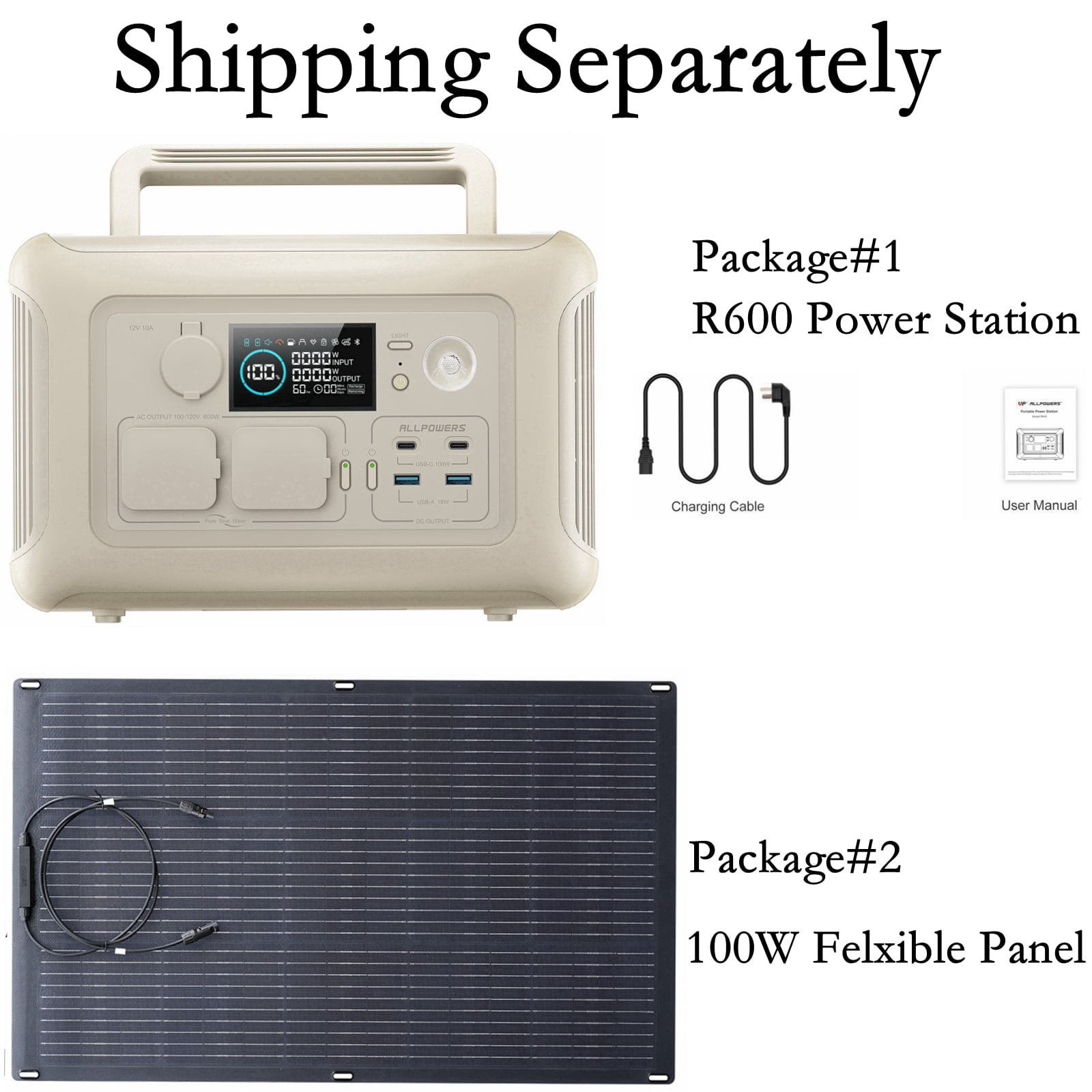 ALLPOWERS Beige R600 Portable Solar Generator Kit, 100W Monocrystalline Flexible Solar Panel with 600W 299Wh LiFePO4 Power Station, Solar Batter Charger for Camping, Home Backup [Shipping Separately]