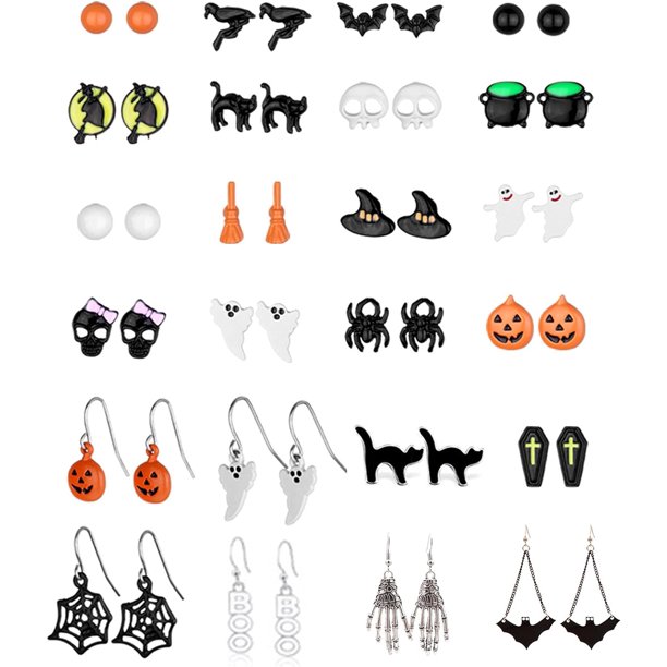 Juego de 24 pares de pendientes con temática navideña de Halloween, Acción de Gracias, otoño, pendientes festivos, pendientes de botón de Halloween, pendientes colgantes con forma de araña, calabaza,
