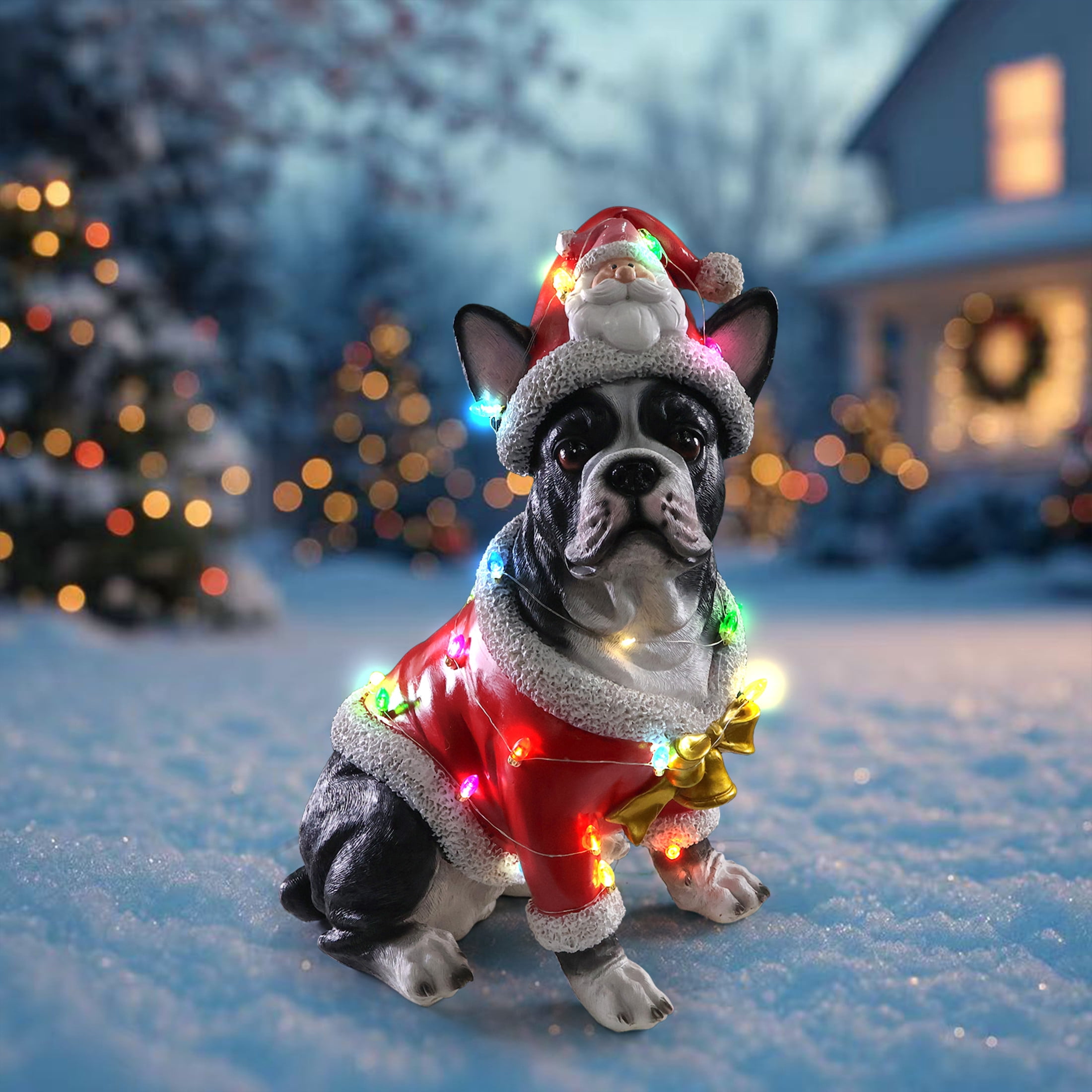 Noble House Christmas French Bulldog Statue, Cheerful Holiday Dog Figurine in Santa Outfit, Black Fur & Red Shirt