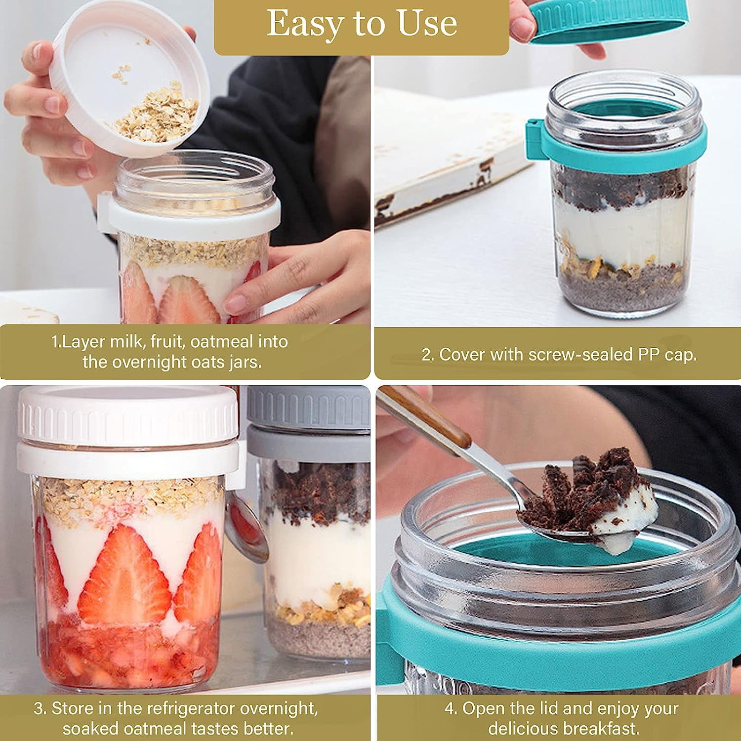2 Pack 10oz Glass Jars with Screw Lids,Overnight Oats Container with Lids  Airtight,Wide Mouth Mason Jars for Overnight Oats,Fruit,Salad,Dressing