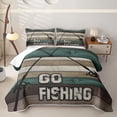 thumbnail image 2 of Feelyou Farmhouse Go Fishing Quilt King for Men Adults, Retro Lake Rustic Wood Plank King Coverlet Set, Brown Green, 3 Pieces, 2 of 7