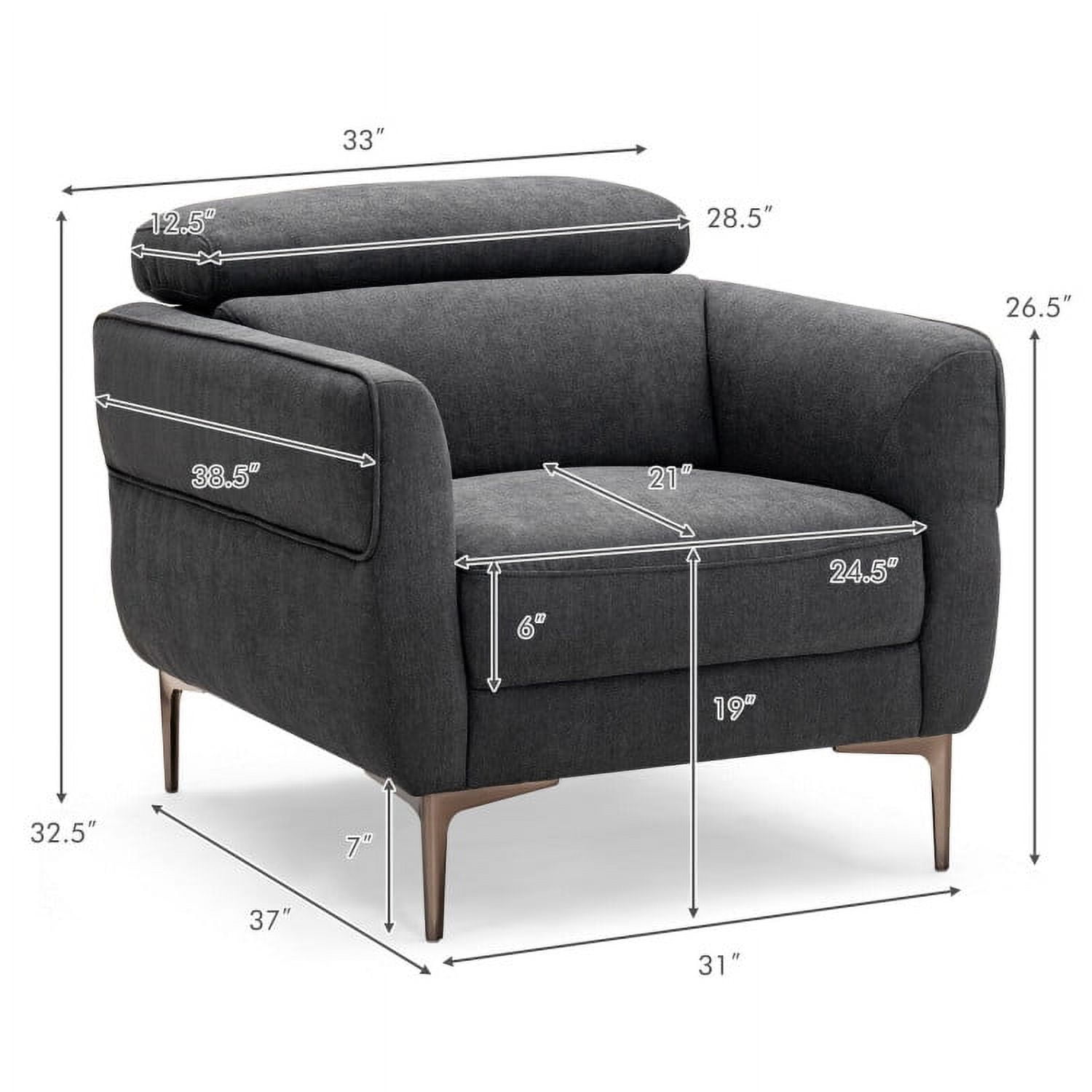 Finihen Upholstered Accent Armchair, Modern Upholstered Single Sofa with Adjustable Headrest, for Living Room, Bedroom, Gray