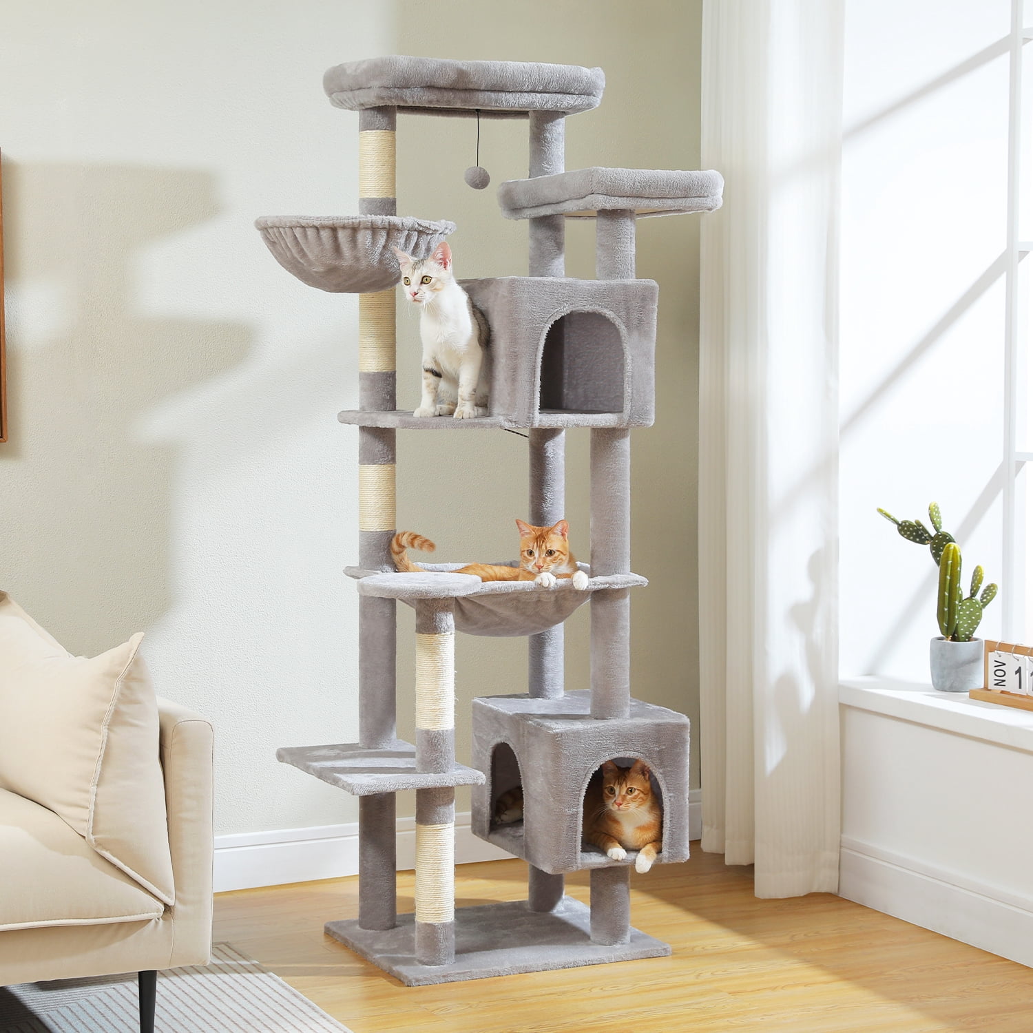 PEQULTI 69" Multi-Level Cat Tree Cat Tower for Indoor Pet with 5 Scratching Post & Hammock Gray
