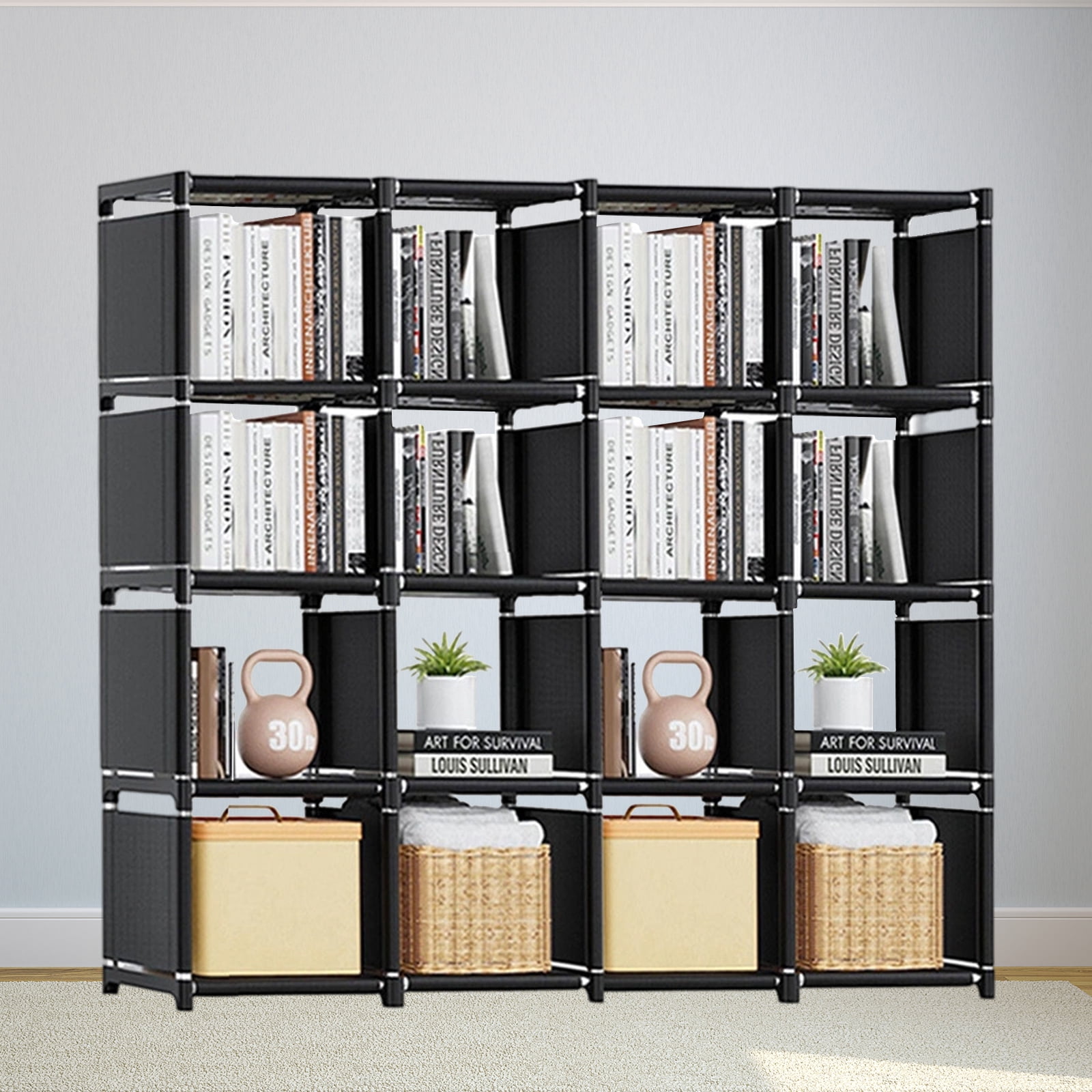 16 Cubes Ladder Bookcase Storage Rack, Bookshelf Bookcase Clothes Toys Storage Organizer Adjustable Standing Shelving Rack for Office Home Bedroom, Black