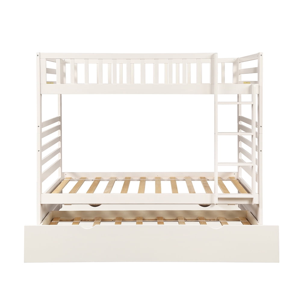 Kepooman Twin Over Twin Solid Wood Bunk Bed with Trundle & Ladder, White Kepooman Twin Over Twin Solid Wood Bunk Bed with Trundle & Ladder, White