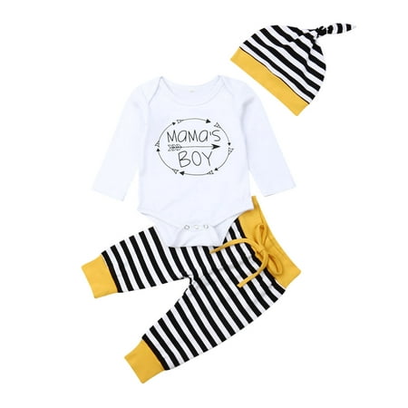 

jaweiw Baby Boy s Autumn Outfit Sets White Long Sleeve Letter Print Romper + Drawstring Striped Pants + Hat