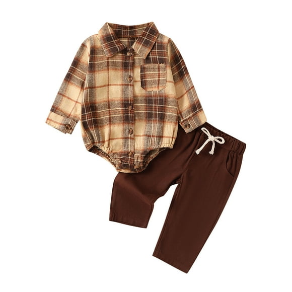 Virmaxy Unisex Infant Baby Plaid Overalls Onesies Set Baby Infant Long Sleeve Jumpsuit Tops Pants Trousers Printing Clothes Set Brown 6-9 Months