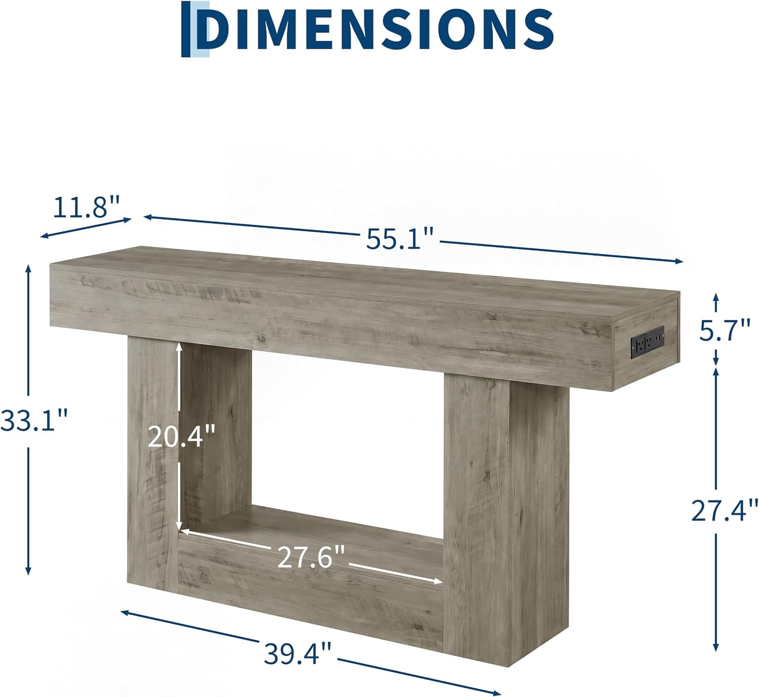 55” Entryway Table with Charging Station & LED Light, Narrow Sofa Table for Hallway Living Room, Modern Farmhouse Console Table with Storage Shelf, Gray