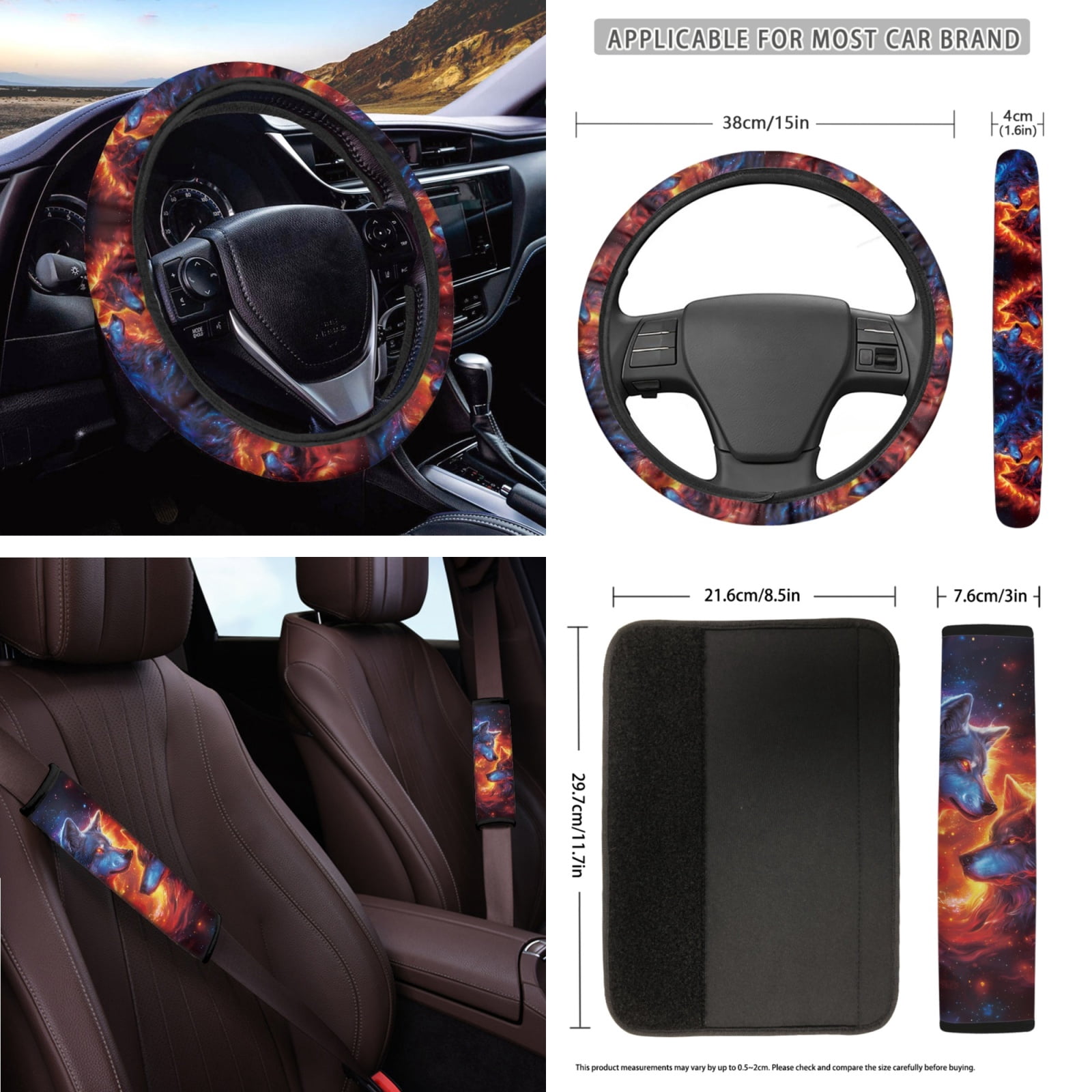 Yuyamidu Galaxy Car Seat Covers Full Set of 16 Fire Wolf Steering Wheel Cover Seat Belt Pad Sunshade Rearview Mirror Cover Car Coasters Key Chain Gear Shift Knob Cover Fit Most Vehicles