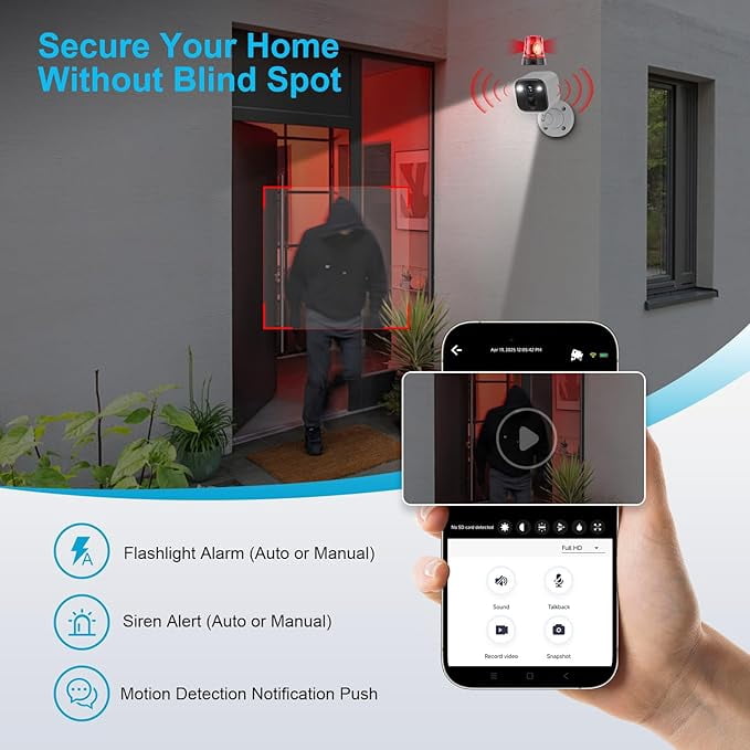 Indoor & outdoor universal security camera, 360° panoramic WiFi home surveillance camera. It supports mobile APP remote control, two-way audio and night vision, ideal for home pet and baby monitoring