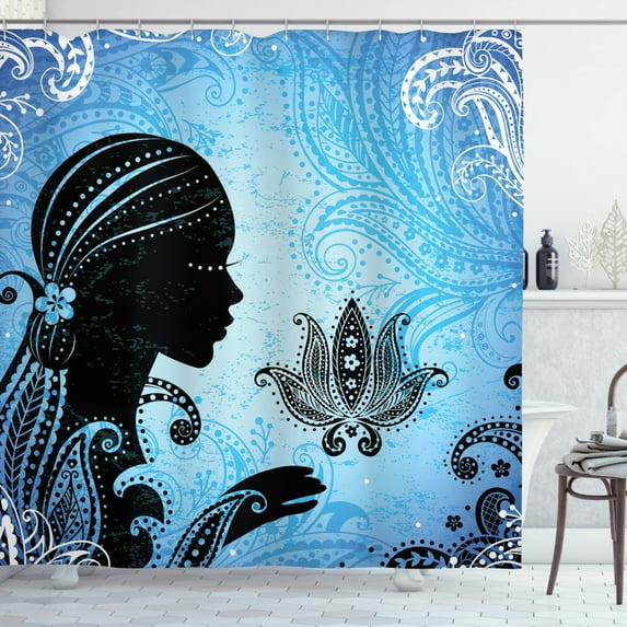 Ambesonne Silhouette Shower Curtain, Girl Lotus Art, 69"Wx70"L, Grey Sky Blue